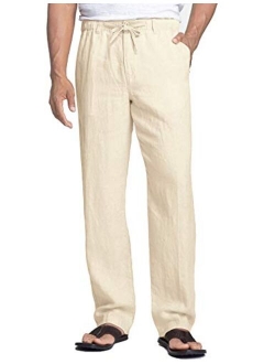 Men's Linen Pants Casual Elastic Waist Drawstring Beach Trousers