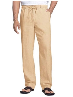 Men's Linen Pants Casual Elastic Waist Drawstring Beach Trousers