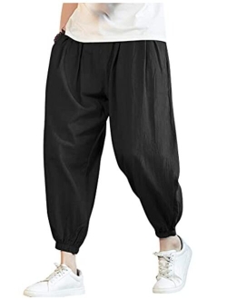 Men Cotton Linen Yoga Pant Casual Drawstring Loose Fit Baggy Harem Pant