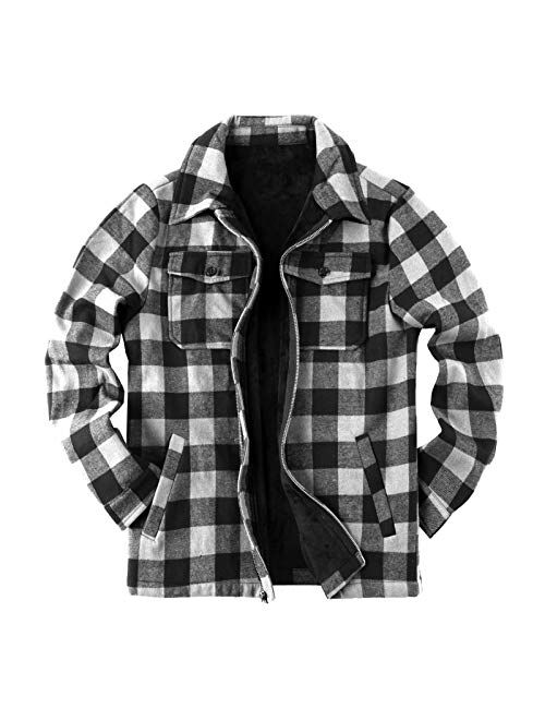 Runcati Mens Fleece Jacket Sherpa Lined Zip Up Buffalo Plaid Flannel Coat Casual Long Sleeve Warm Fall Winter Outwear