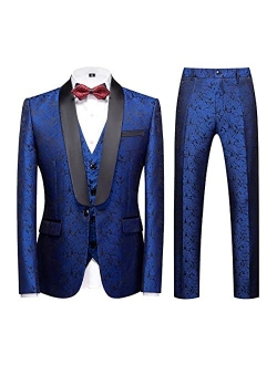 Kudoro Mens Suits Regular Fit 3 Piece Skinny Tuxedo Blazer Waistcoat Pants Shawl Lapel Paisley Suits Set Men for Wedding