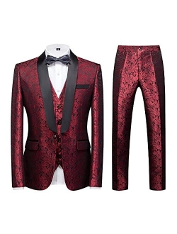 Kudoro Mens Suits Regular Fit 3 Piece Skinny Tuxedo Blazer Waistcoat Pants Shawl Lapel Paisley Suits Set Men for Wedding