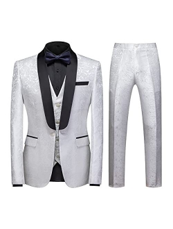 Kudoro Mens Suits Regular Fit 3 Piece Skinny Tuxedo Blazer Waistcoat Pants Shawl Lapel Paisley Suits Set Men for Wedding