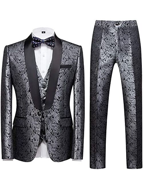 Kudoro Mens Suits Regular Fit 3 Piece Skinny Tuxedo Blazer Waistcoat Pants Shawl Lapel Paisley Suits Set Men for Wedding