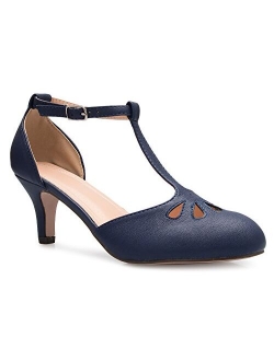 Olivia K Women's Kitten Low Heels T-Strap Pumps - Adorable Vintage Retro Shoes with T Strap - Unique Upper Cut Out Design