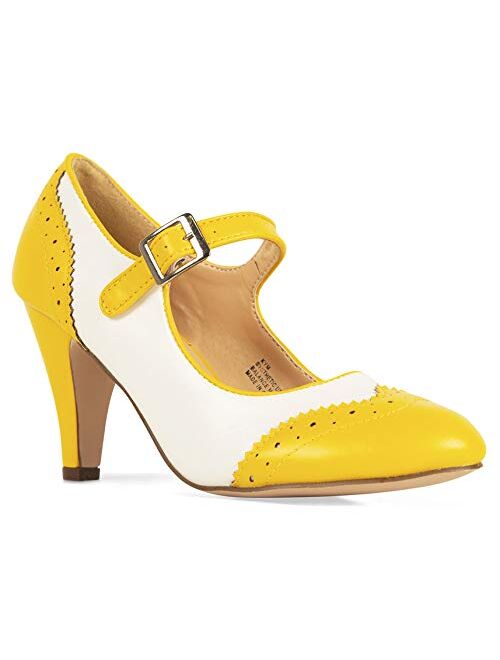 J. Adams Mary Jane Oxford Pumps - Cute Low Kitten Heels - Retro Round Toe Shoe with Ankle Strap - Kym