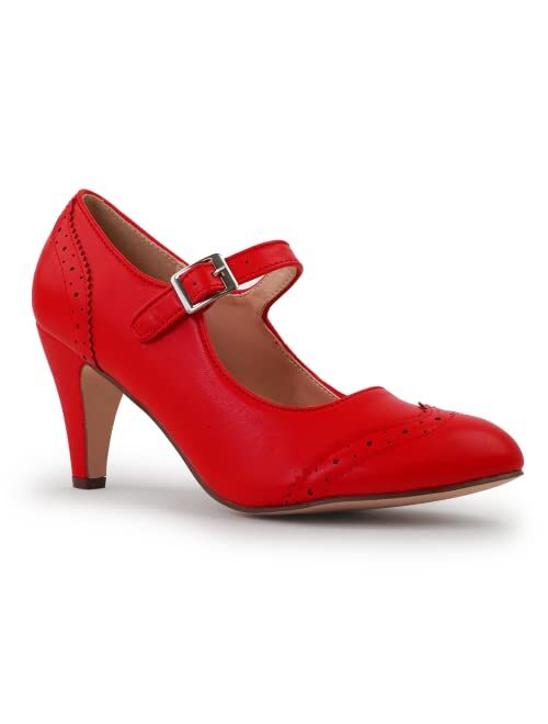 J. Adams Mary Jane Oxford Pumps - Cute Low Kitten Heels - Retro Round Toe Shoe with Ankle Strap - Kym