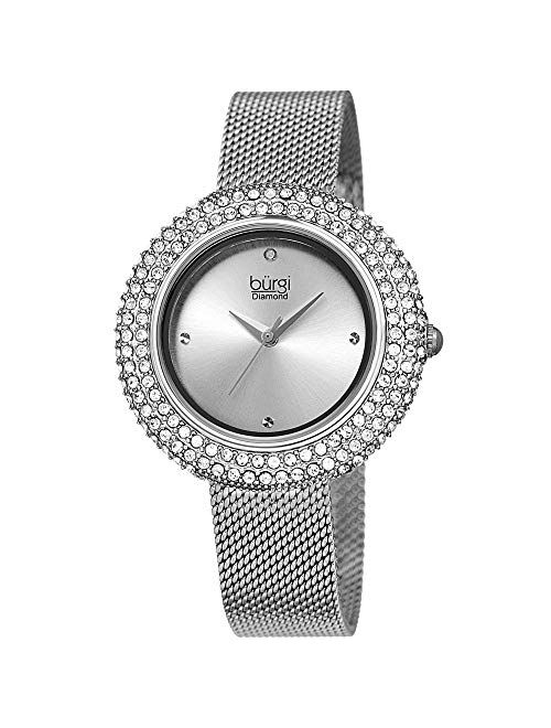 Swarovski Crystal Women's Watch - A Diamond Hour Marker on Accented Stainless Steel Mesh Bracelet Wristwatch - Perfect for Mother's Day - BUR220