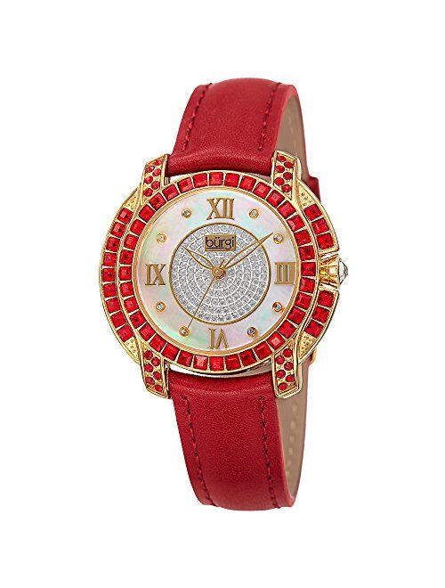 Burgi Swarovski Crystal Women's Watch - Unique Diamond Hour Markers on Mother of Pearl Dial with Colored Swarovski Crystals On Genuine Leather Strap Watch - BUR156