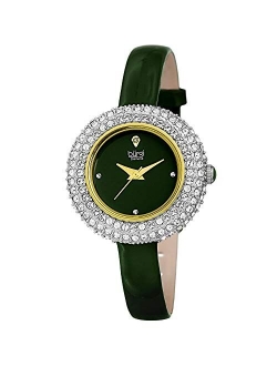 Swarovski Crystal & Diamond Accented Watch - Comfortable Genuine Leather Strap Women's Wristwatch- Perfect for Mother's Day Gift - BUR195