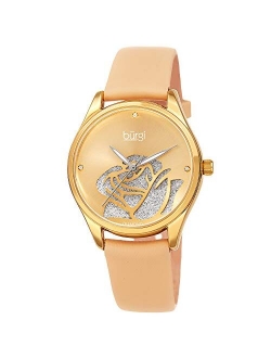 Women's Diamond Accented Flower Watch - Rose Cut-Out Diamond Dial with Glitter Powder with 4 Diamond Hour Markers On Satin Leather Strap Watch - BUR189