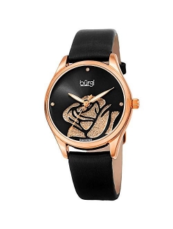 Women's Diamond Accented Flower Watch - Rose Cut-Out Diamond Dial with Glitter Powder with 4 Diamond Hour Markers On Satin Leather Strap Watch - BUR189