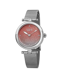 BUR231 Designer Women's Watch - Stainless Steel Mesh Strap Swarovski Crystal Markers, Glitter Dial - Fashion Bracelet Wristwatch