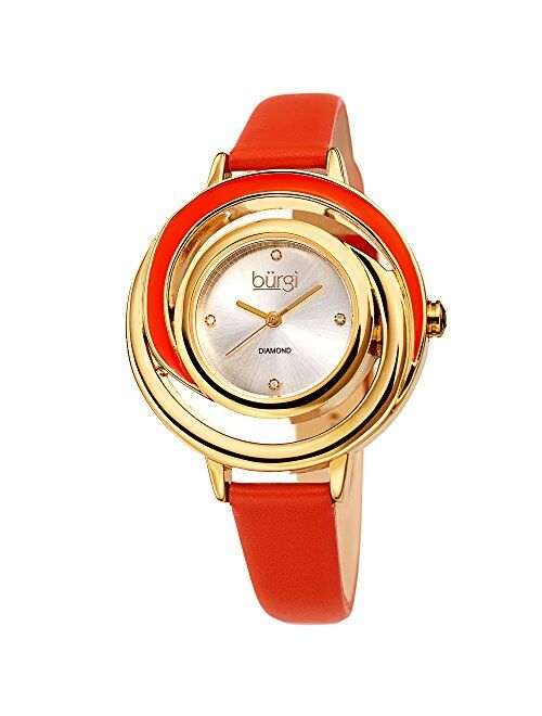 Burgi Leather Women's Watch - BUR210 Slim Leather Strap - Three Hand Movement with Diamond Markers - Floating Enamel Dial - Round Analog Quartz - BUR210