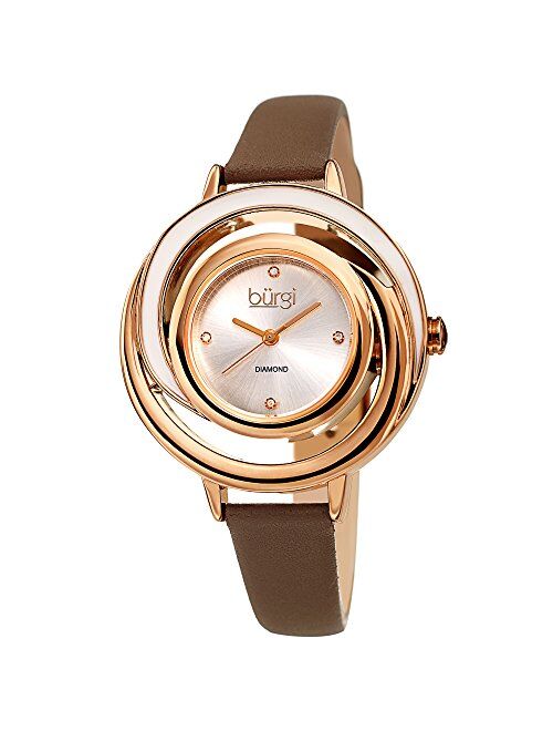 Burgi Leather Women's Watch - BUR210 Slim Leather Strap - Three Hand Movement with Diamond Markers - Floating Enamel Dial - Round Analog Quartz - BUR210