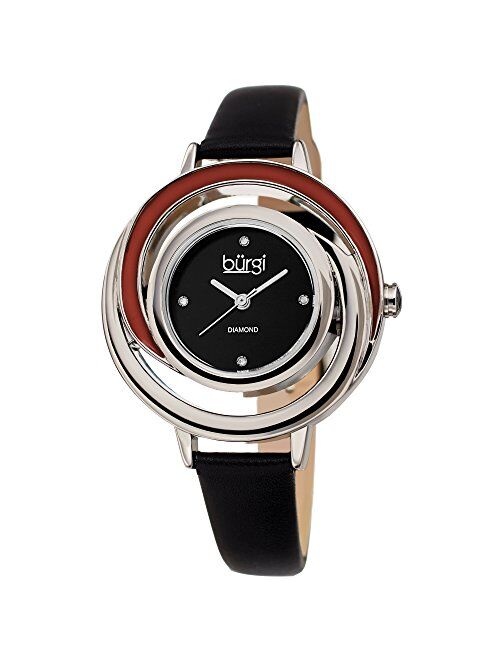 Burgi Leather Women's Watch - BUR210 Slim Leather Strap - Three Hand Movement with Diamond Markers - Floating Enamel Dial - Round Analog Quartz - BUR210