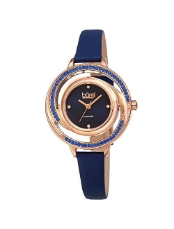 Colored Swarovski Crystals Women's Watch - Slim Genuine Leather Strap - Three Hand Movement with 4 Diamond Markers - Floating Enamel Dial - Round Analog Quartz - BUR261