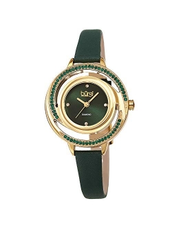 Colored Swarovski Crystals Women's Watch - Slim Genuine Leather Strap - Three Hand Movement with 4 Diamond Markers - Floating Enamel Dial - Round Analog Quartz - BUR261