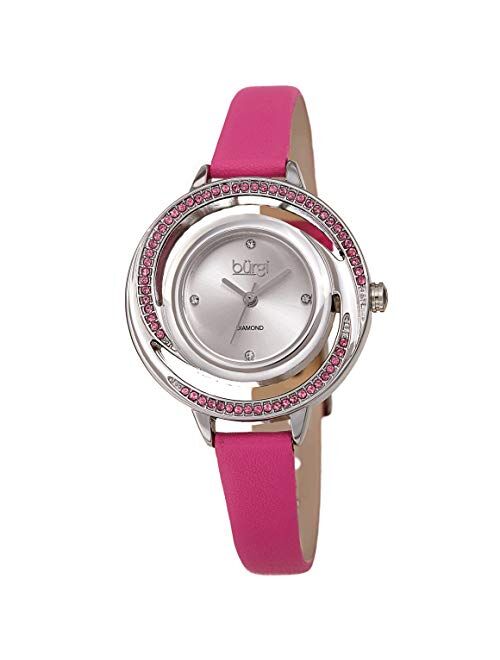 Burgi Colored Swarovski Crystals Women's Watch - Slim Genuine Leather Strap - Three Hand Movement with 4 Diamond Markers - Floating Enamel Dial - Round Analog Quartz - BUR261