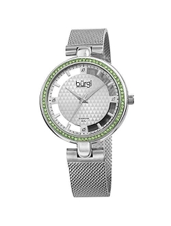 Sparkling Colored Crystals Women's Watch - Floating Dial On Shimmering Triangle Pattern 4 Genuine Diamond Markers On Stainless Steel Mesh Band -BUR262