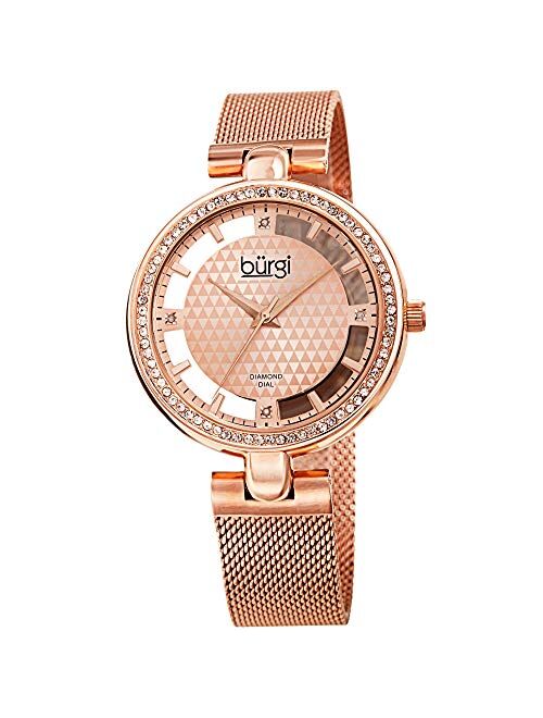 Burgi Sparkling Colored Crystals Women's Watch - Floating Dial On Shimmering Triangle Pattern 4 Genuine Diamond Markers On Stainless Steel Mesh Band -BUR262