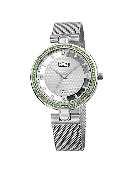 Burgi Sparkling Colored Crystals Women's Watch - Floating Dial On Shimmering Triangle Pattern 4 Genuine Diamond Markers On Stainless Steel Mesh Band -BUR262