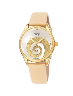 Womens Watch with Diamond Markers Sunray Dial with Sparkling Crystal Powder Swirl Satin Over Genuine Leather Skinny Strap BUR201