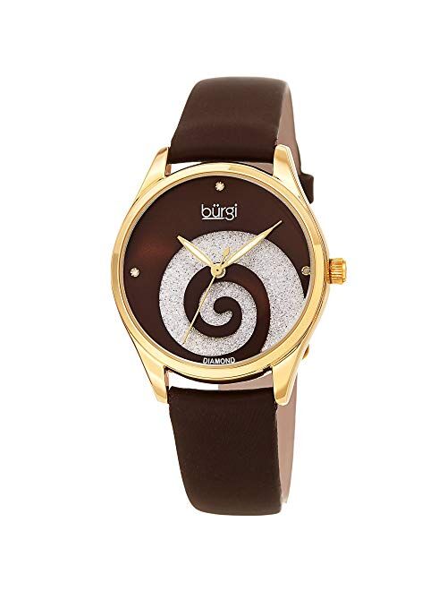 Burgi Women’s Watch with Diamond Markers – Sunray Dial with Sparkling Crystal Powder Swirl – Satin Over Genuine Leather Skinny Strap BUR201