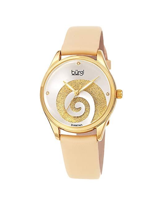 Burgi Women’s Watch with Diamond Markers – Sunray Dial with Sparkling Crystal Powder Swirl – Satin Over Genuine Leather Skinny Strap BUR201