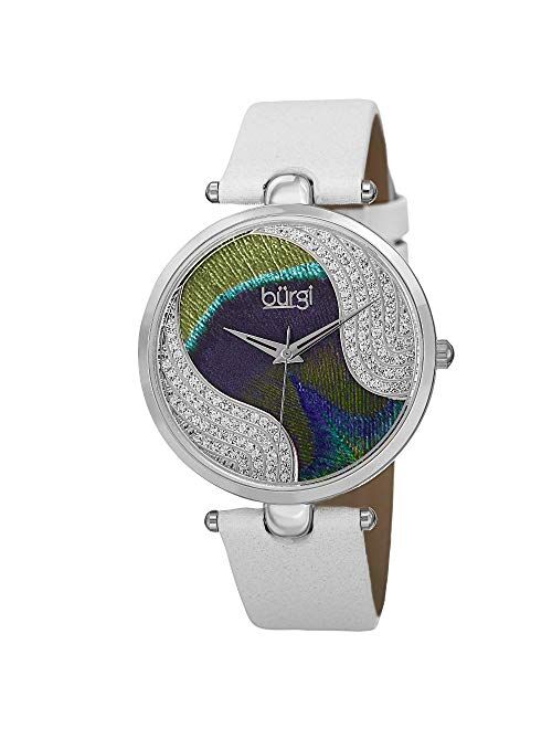 Burgi Unique Swarovski Crystal Peacock Feather Pattern Watch - Sparkling Crystal Colorful Dial and Case on Genuine Leather Strap - BUR131