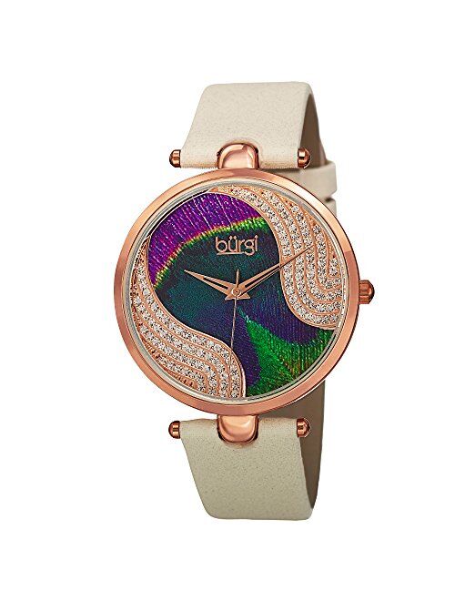 Burgi Unique Swarovski Crystal Peacock Feather Pattern Watch - Sparkling Crystal Colorful Dial and Case on Genuine Leather Strap - BUR131