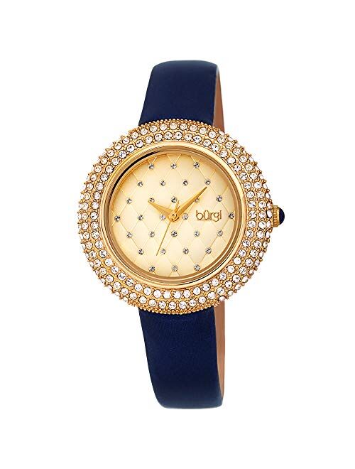 Burgi Swarovski Crystals Encrusted Quilted Dial - Swarovski Crystals Bezel with Satin Leather Strap Women's Watch - Mothers Day Gift - BUR207