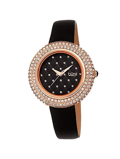 Burgi Swarovski Crystals Encrusted Quilted Dial - Swarovski Crystals Bezel with Satin Leather Strap Women's Watch - Mothers Day Gift - BUR207