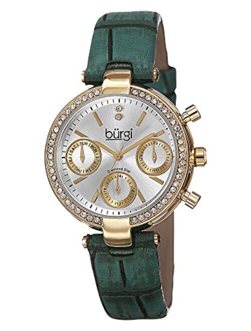 Burgi Diamond & Crystal Women's Watch - Multifunction 3 Subdial and Diamond Hour Marker On Croco-Embossed Leather Strap Watch - BUR129