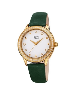 Crystal Filled Bezel Women's Watch - Unique Shapes and Diamond Hour Markers - Floating Enamel Dial - Round Analog Quartz - BUR221