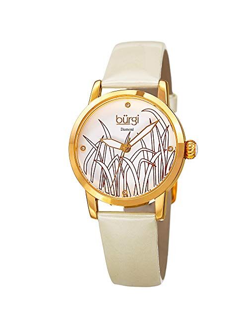 Burgi Diamond Accented Women’s Watch – Casual Skinny Patent Leather Bracelet Strap - Printed Reed Design Dial with 4 Diamond Markers