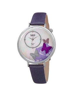 BUR158 Skinny Leather Womens Watch with Crystal Butterflies, Genuine Diamond Markers and Flower Designs on Mother of Pearl Dial Classic Round Analog Quartz