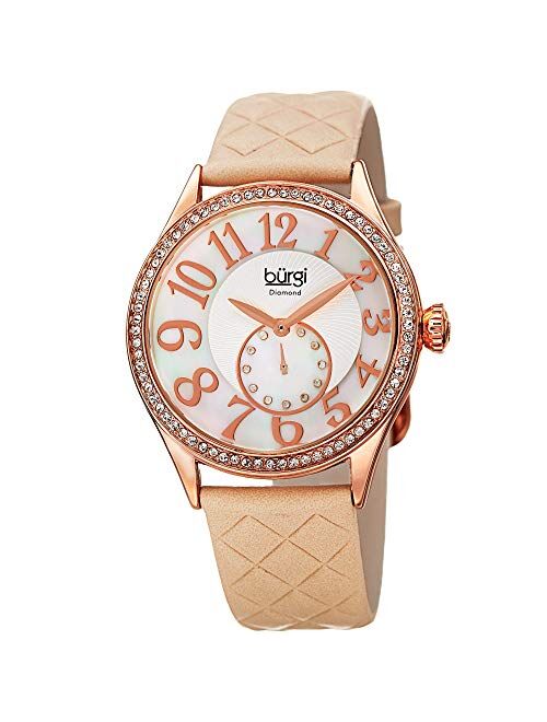 Burgi Women's Swarovski Crystal Dual Time Watch - Large Arabic Numerals with Mother-of-Pearl Subdial On Quilted-Leather Band - BUR141