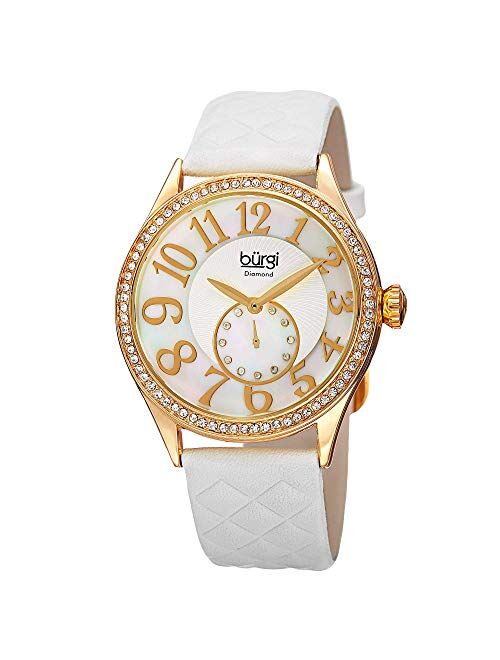 Burgi Women's Swarovski Crystal Dual Time Watch - Large Arabic Numerals with Mother-of-Pearl Subdial On Quilted-Leather Band - BUR141