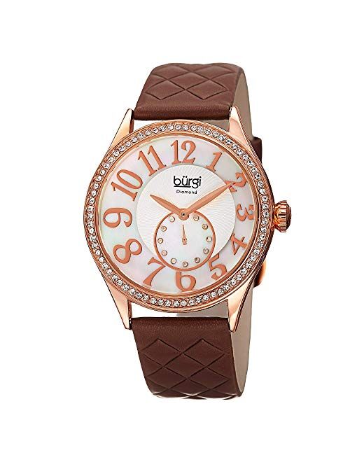 Burgi Women's Swarovski Crystal Dual Time Watch - Large Arabic Numerals with Mother-of-Pearl Subdial On Quilted-Leather Band - BUR141