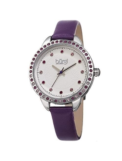 Swarovski Crystal Accented Womens Watch with Genuine Leather Skinny Strap Studded Bezel and Dial with Embossed Pattern BUR161