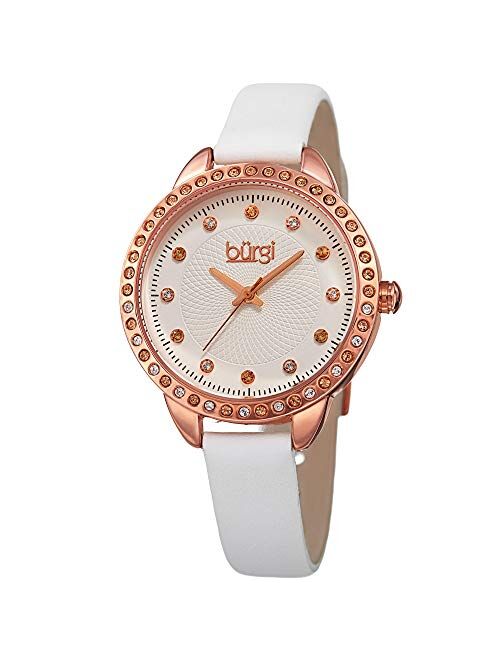 Burgi Swarovski Crystal Accented Women’s Watch with Genuine Leather Skinny Strap – Studded Bezel and Dial with Embossed Pattern BUR161