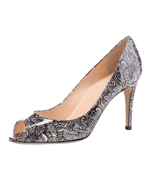 Eldof Women Peep Toe Pumps Mid-Heel Pumps Formal Wedding Bridal Classic Heel Open Toe Stiletto