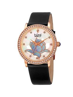 Swarovski Crystal Encrusted Watch - On Genuine Leather Strap Mother of Pearl Dial with Mosaic Lotus Flower Design and Crystal Marker Accents BUR159