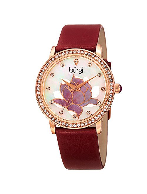 Burgi Swarovski Crystal Encrusted Watch - On Genuine Leather Strap –Mother of Pearl Dial with Mosaic Lotus Flower Design and Crystal Marker Accents – BUR159