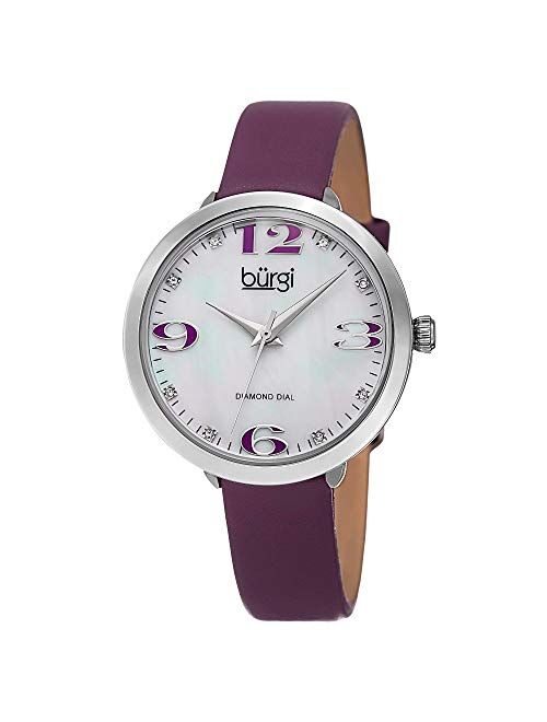 Burgi Women's Mother of Pearl Dial - 8 Diamond Markers Luminous Large Arabic Numerals - Genuine Leather Bracelet - BUR119