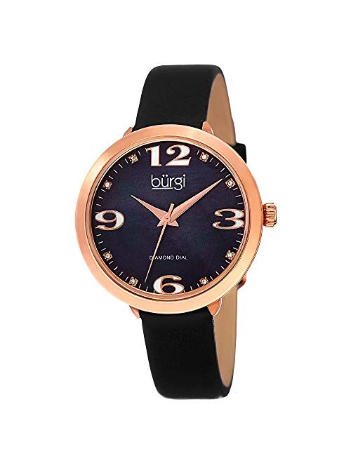 Burgi Women's Mother of Pearl Dial - 8 Diamond Markers Luminous Large Arabic Numerals - Genuine Leather Bracelet - BUR119