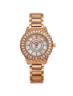 Women's Diamond and Crystal Watch - Baguettes On Bezel on Mother of Pearl Dial On Stainless Steel Bracelet - BUR095