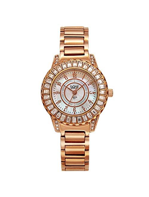 Burgi Women's Diamond and Crystal Watch - Baguettes On Bezel on Mother of Pearl Dial On Stainless Steel Bracelet - BUR095