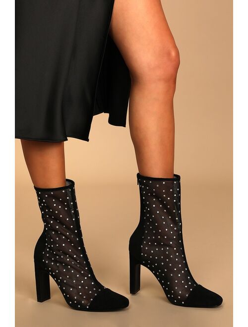 Lulus Samella Black Suede Rhinestone Mesh Mid-Calf Boots